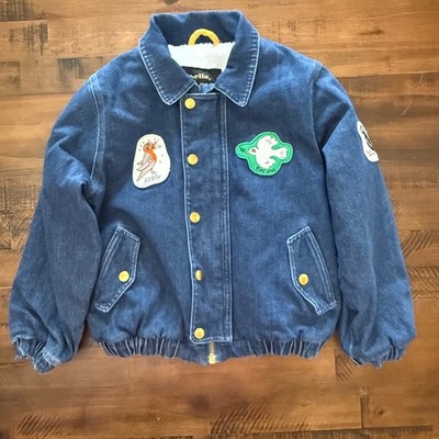 Mini Rodini Kids Denim Bomber Jacket sz 8-9 Shearling Lined Bird Patches 116/122