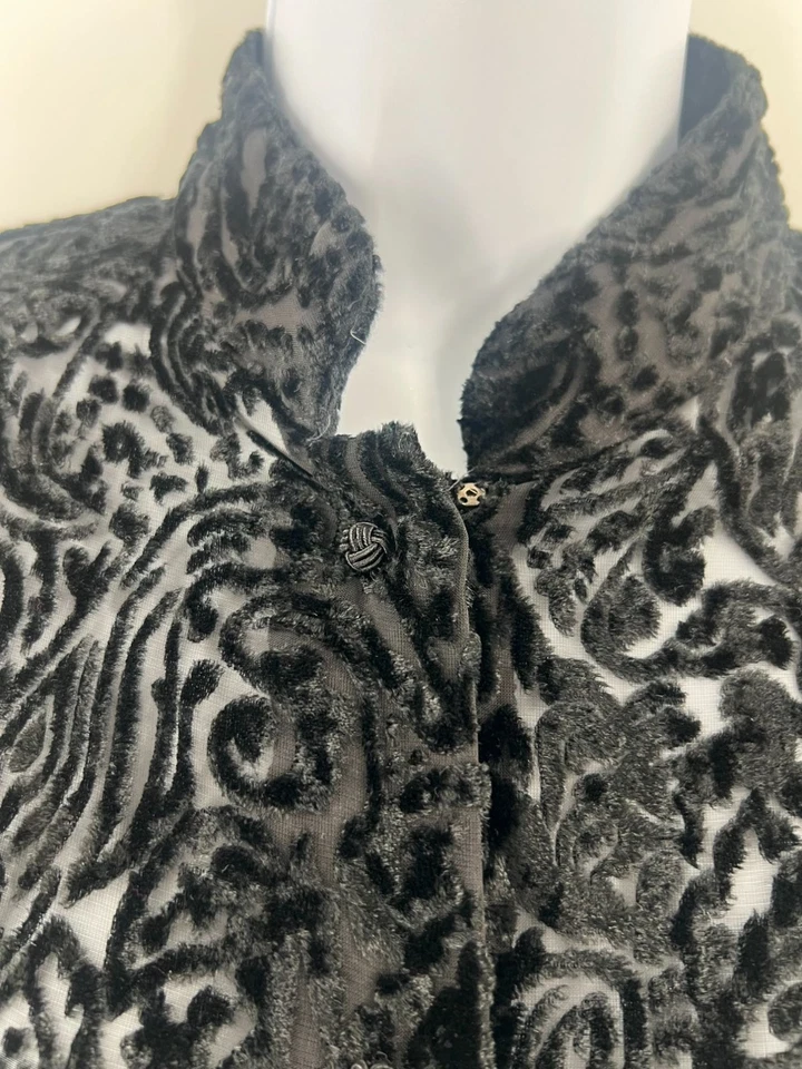 Valerie Stevens 6 Black Velvet Burnout Tunic Jacket Sheer Paisley Goth Witchy - Image 3 of 4