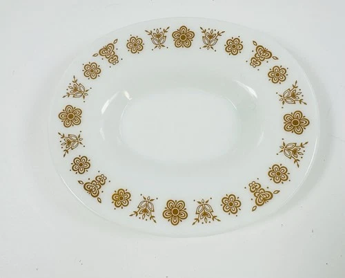 Vintage 70s Corning Glass Pyrex Butterfly Gold Oval Gravy Boat Under Plate 77-U
