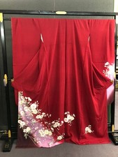 Pure Silk Red Kimono with Cherry Blossom Design, Formal  Unused