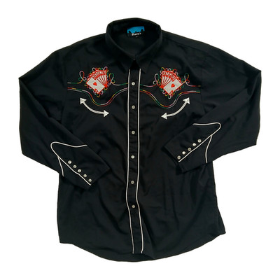 Benny's Las Vegas Poker Western Shirt Men L Black Pearl Snap Cards Embroidered
