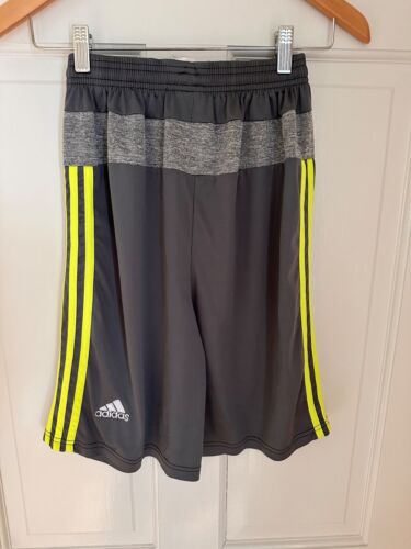 BOYS L ADIDAS SHORTS Med-Gray Neon Green Triple Side Stripe Lt Gray Back - Picture 2 of 3