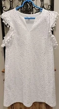 Dress Charter Club White Eyelet With Pom Pom Trim On Sleeve, Size Medium 