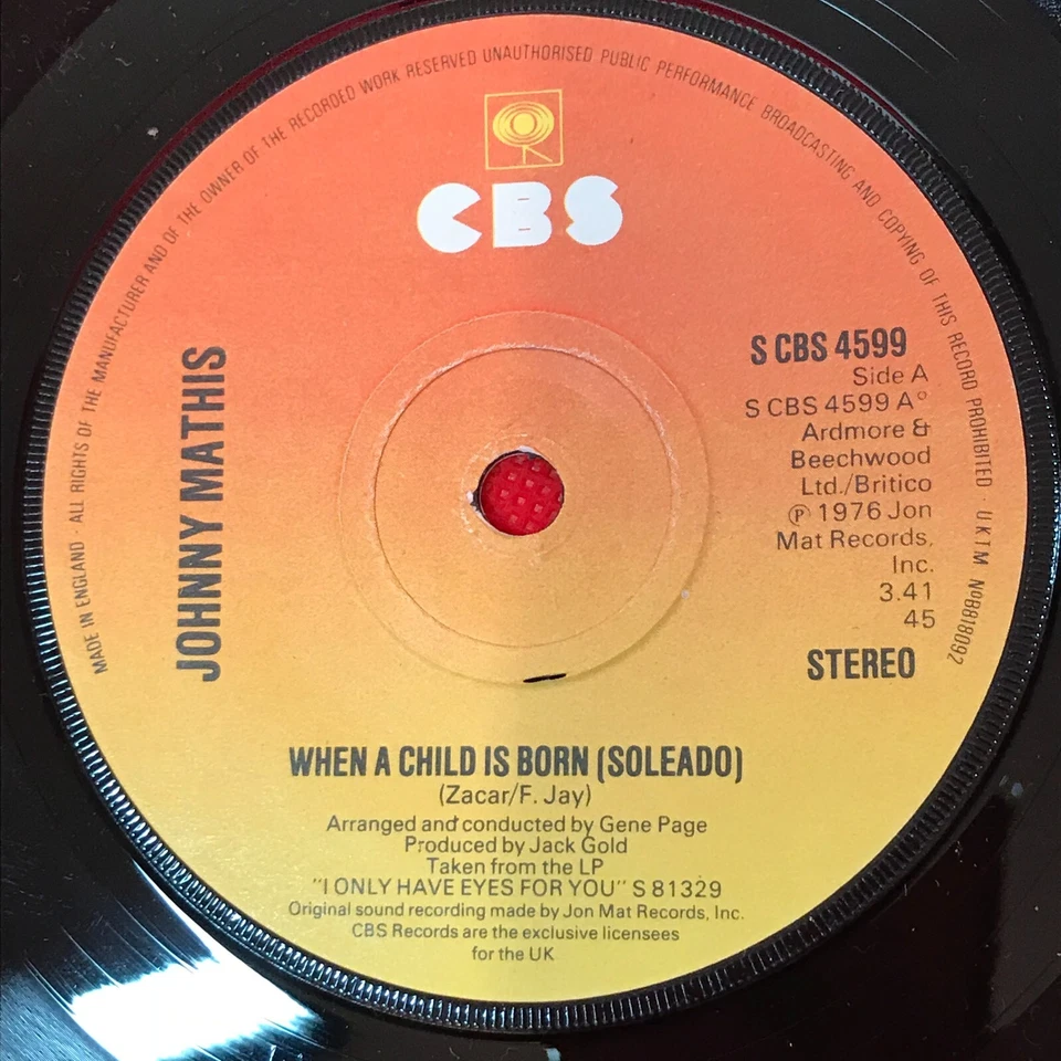 JOHNNY MATHIS When A Child Is Born 1976 UK 7" vinyl single original 45 Christmas - Image 3 of 4