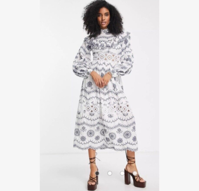 NWT ASOS Broderie Blouson Sleeve Midi Dress w/ Contrast Embroidery MSRP$260  | eBay