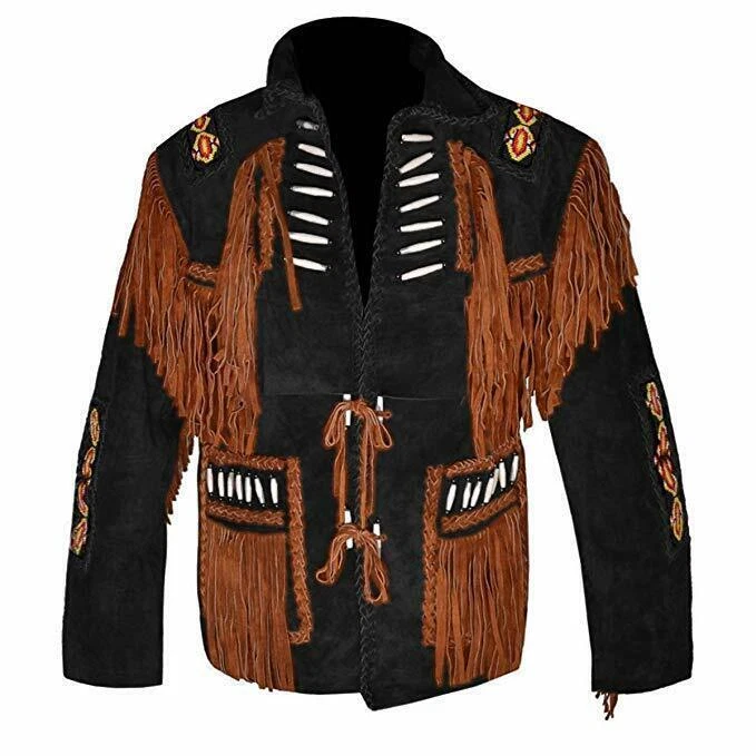 Men's American Western Cowboy Fringes & Beaded Suede Leather Jacket
