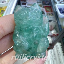 Quarzo fluorite verde naturale 2" cristallo gatto intagliato a mano Reiki regalo guarigione 1pz