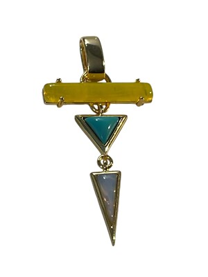 JS Signed Abstract Gold Tone Dangle Pendant Yellow Blue White Geometric