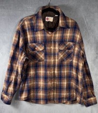 VTG 1960-70s Sears Kings Road Wool Plaid Flannel Shirt Brown & Blue