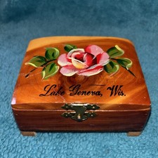 Vintage Hand Painted Rose Keepsake Wood Box Souvenir Lake Geneva Wisconsin #Q