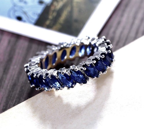 Anillo de la Eternidad Lleno de Oro Blanco 18 K Hecho con Banda Marquesa Azul Cristal Swarovski - Imagen 8 de 11