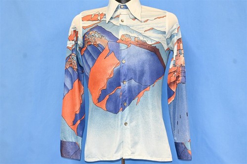 vintage 70s GENO MOUNTAIN LANDSCAPE BLUE ORANGE NYLON BIG COLLAR DISCO SHIRT S - Picture 2 of 5
