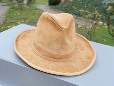 HENSCHEL SKULLYS HAT L beige sand hut cap cowboy western leather velours skully