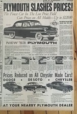 Large 1953 newspaper ad for 1953 Plymouth, Chrysler, DeSoto, Dodge