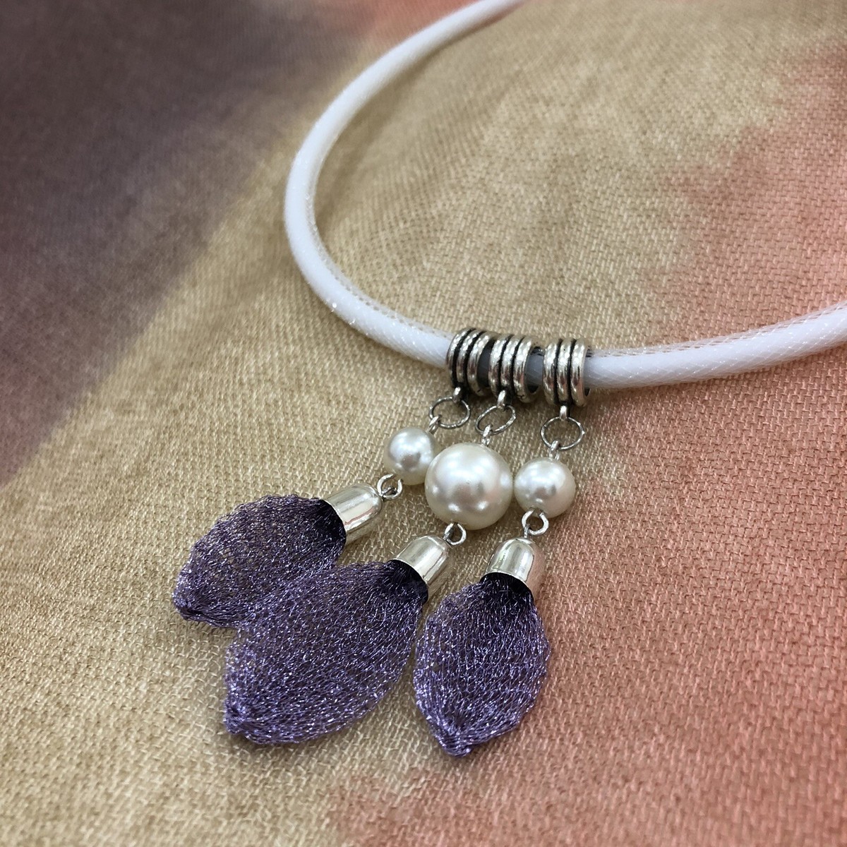 Handmade Shiny Purple Mesh Wire White Nylon Mesh Necklace Pearl  Jewellery