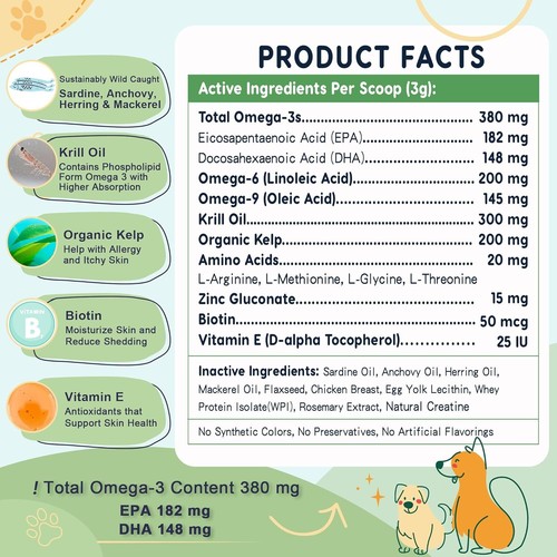 Omega 3 Fish Oil Powder for Dogs, Supports Healthy Skin, Heart, Brain, Immunity - Picture 2 of 6