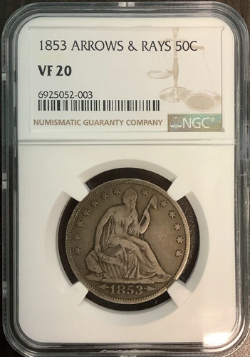 1853 SEATED LIBERTY HALF DOLLAR 50C ARROWS AND RAYS VF 20 NGC