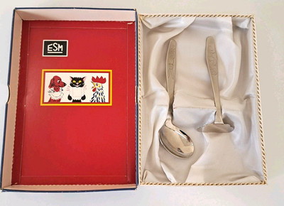 Vtg Stainless Steel Bestecke Children's Cutlery Set  Cat & Rooster Original Box