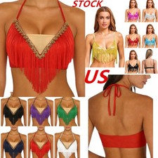 US Womens Belly Dance Crop Top Halter Sequin Tassel Sling Bra for Disco Stage