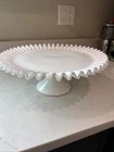 Fenton Vintage Milk Glass Silver Crest Ruffle 13" Pedestal Cake Plate Stand