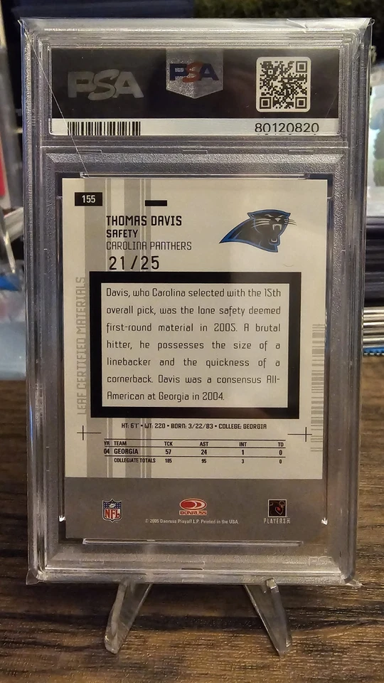 2005 Leaf Certified Materials Thomas Davis /25 Mirror Red Auto Rookie RC PSA 7 - Image 2 of 2