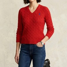POLO RALPH LAUREN S Red Cable Knit BLUE PONY Merino Cashmere V-Neck Sweater NWT