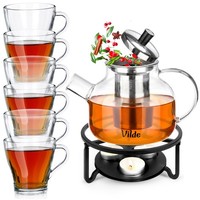 Teekanne Teebereiter Kanne Mit Sieb StöVchen 850Ml 6X GläSer 250Ml Edelstahl