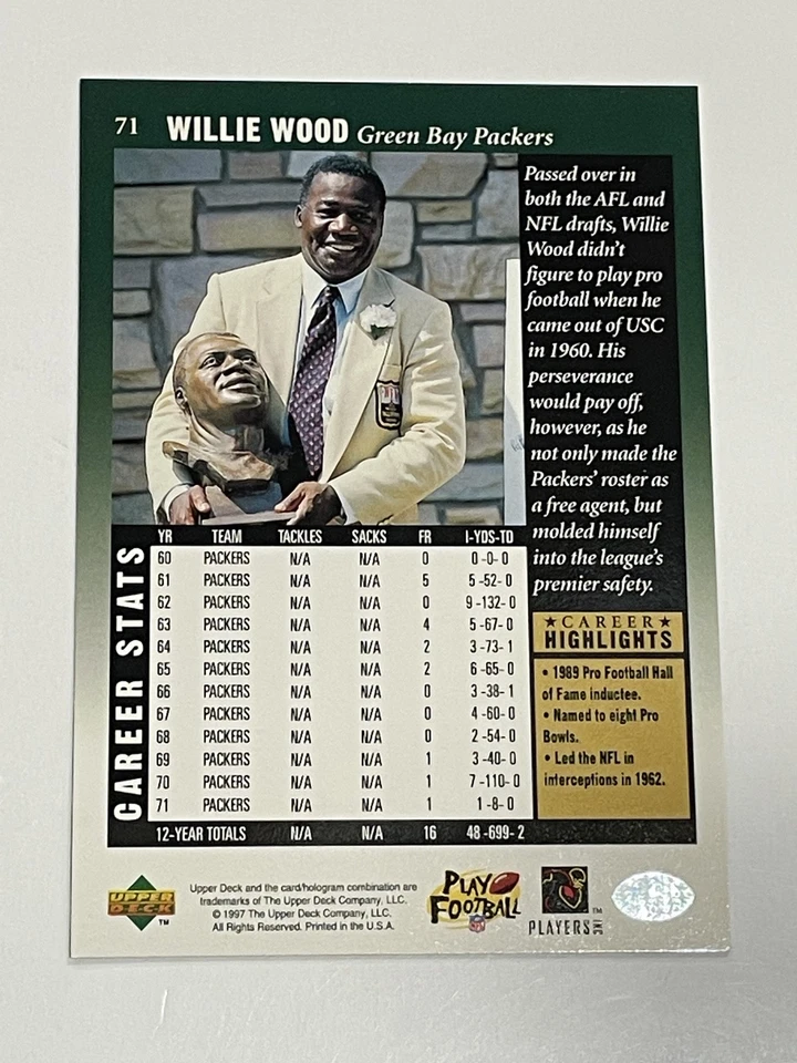 1997 Upper Deck Legends Football #71 - Willie Wood - Green Bay Packers - Image 2 of 2