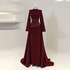 Burgundy Elegant Prom Dress High-Neck Long Sleeves Mermaid Evening Dresses Satin