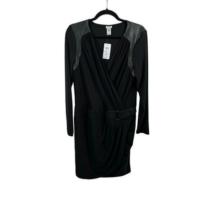 New with Tags Cache Black Long Sleeve V Neck Dress with Faux Leather Detail XL