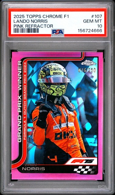 Lando Norris 2025 Topps Chrome Formula 1 Pink Refractor SP 16/250 PSA 10 Gem