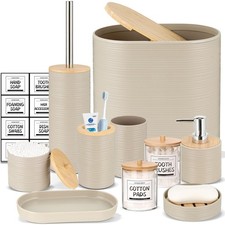 Bathroom Accessory Set-11Pcs Beige Bathroom Accessories Set with Trash Can,So...