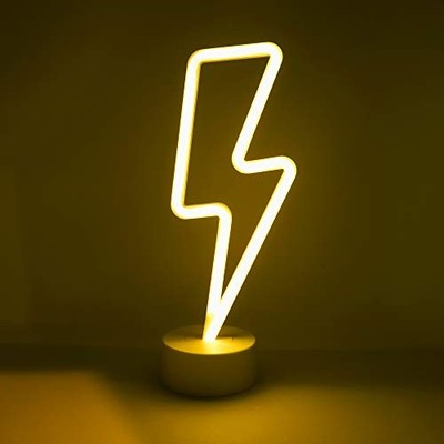 11.75  x 4.35  LED Neon Yellow Lightning Bolt Tabletop Lamp, White Base,