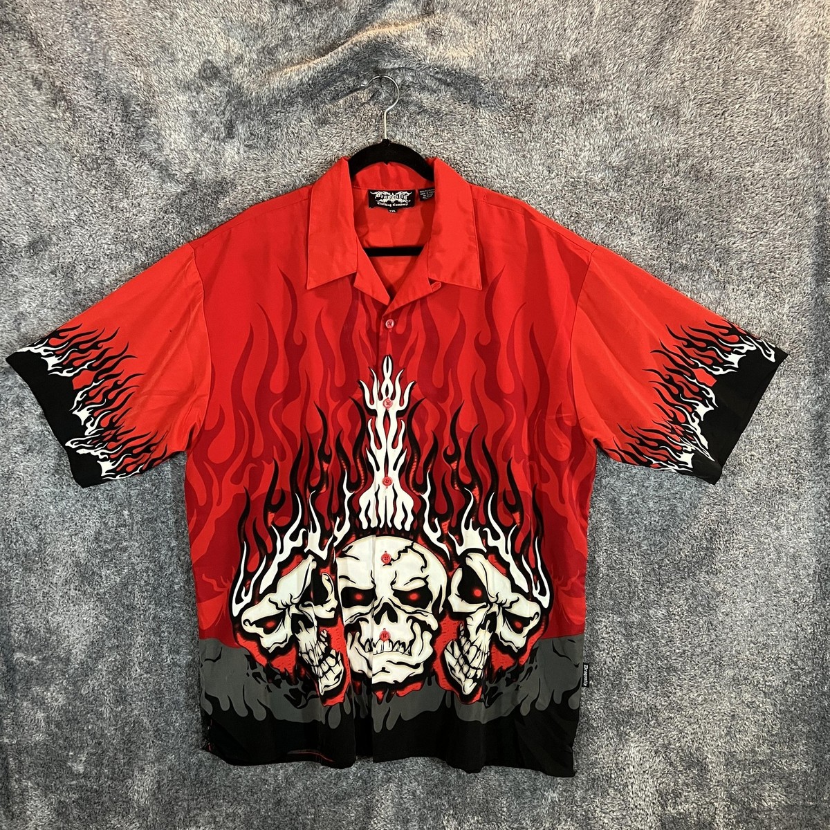 Dragonfly Shirt Mens 2XL Red Black Flames Skulls Button Up Camp