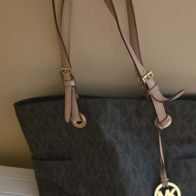 Michael Kors Monogram Tote Bag Brown Beige Shoulder Strap Gold Hardware MK Charm
