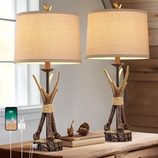 Rustic Antler Table Lamps Set of 2 with USB Charging for Cabin Decor