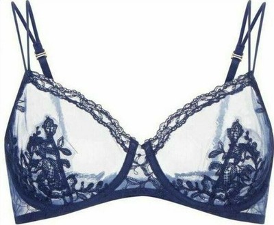 La Perla Liaison Collection 34B S Sheer Bra Thong Set Navy Blue Tulle Silk
