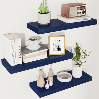 3 PCS Dark Blue Wood Floating Shelves Wall Mounted Storage Display Rack Shelf
