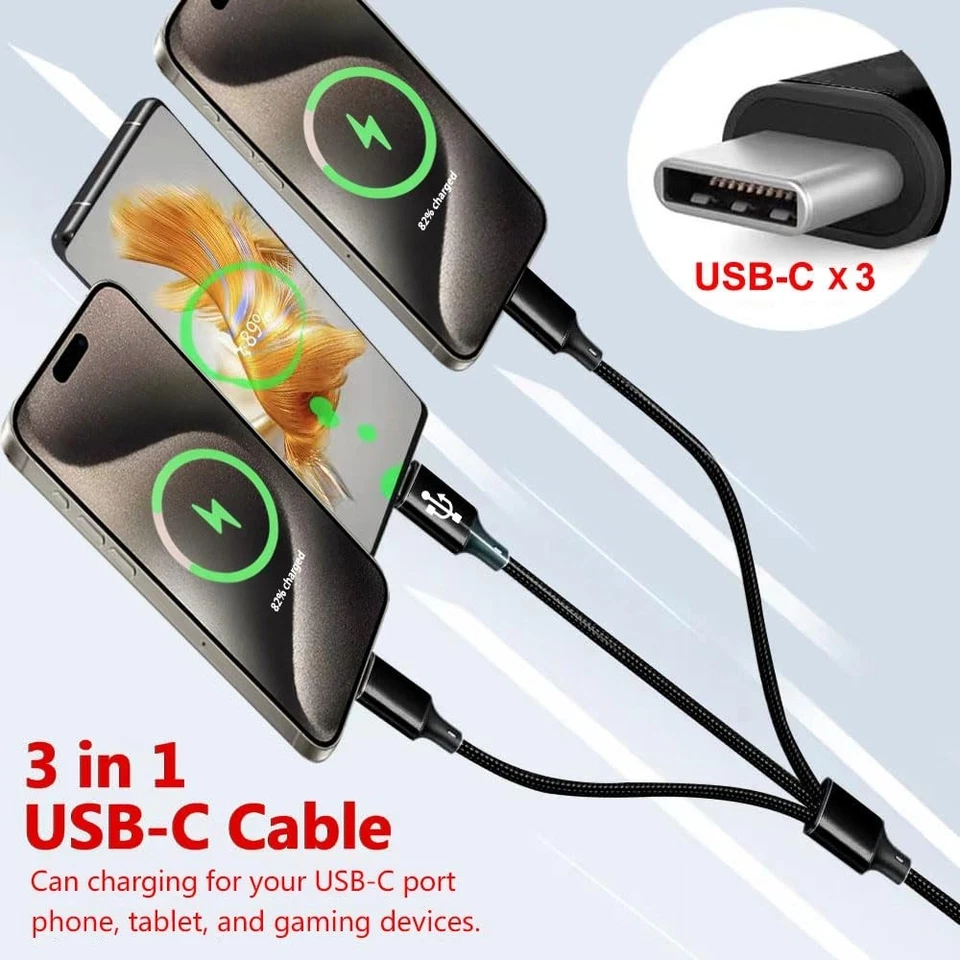 Multi USB-C Cable 3 in 1 USB-C Charging Cable Multiple Type- C USB Splitter, 4FT - Image 4 of 4