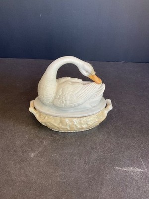 ANTIQUE English Staffordshire Bisque Porcelain Swan On Nest Trinket Box