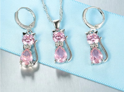 3Pcs- 925 Sterling Silver Cat Jewelry Set Crystal Necklace Earrings Women Gift