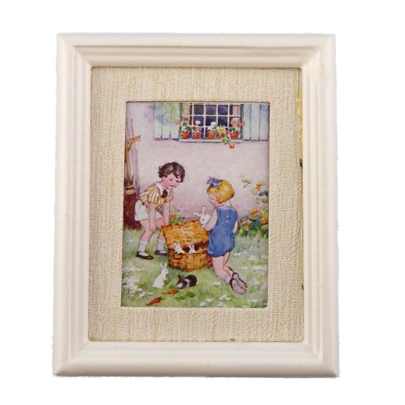 Dolls House Children & Rabbits Painting Miniature White Frame 1:12 Scale