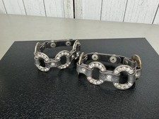 Pebbled Leather Bracelets Silver/Gray With Rhinestones Adjustable Snap Set Of 2