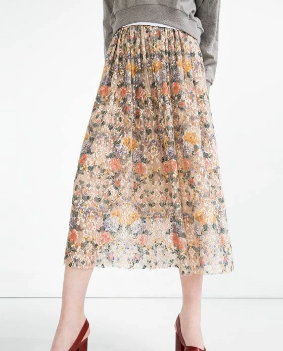 ZARA Full Printed Floral Lace Voluminous Midi Skirt High Waist Nude 2462/671 S