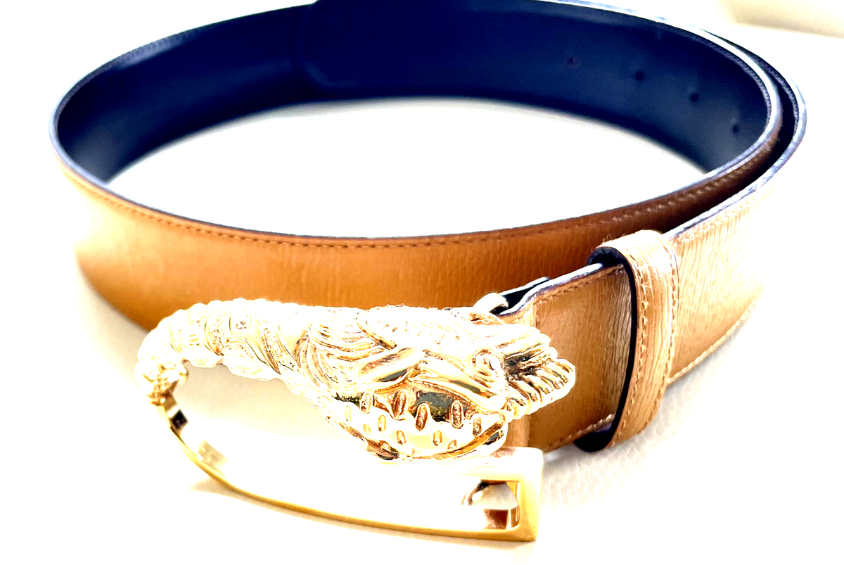 Gucci Gold Lion Head G Buckle Luggage color Leather Belt sz Gucci Gold Lion Head G Buckle Luggage color Leather Belt sz