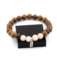 Armband Perlen Opal Rosa + Holz 8 Mm. Hergestellt In Frankreich.
