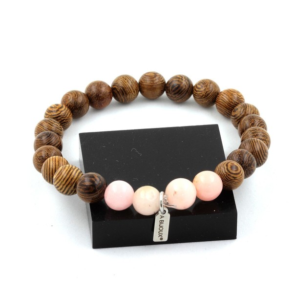 Armband Perlen Opal Rosa + Holz 8 Mm. Hergestellt In Frankreich.-image
