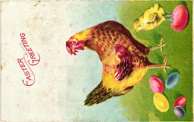 Vintage Postcard- Easter Greeting Chicken Chick Multi-color Eggs embossed