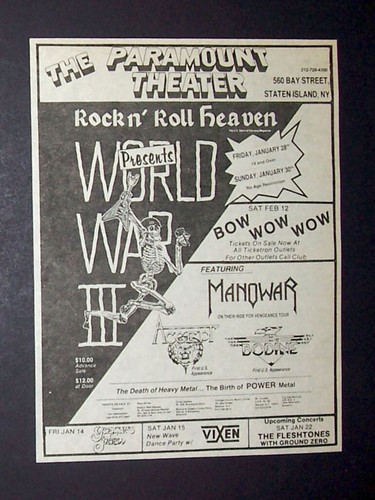 World War III Manowar Accept Bodine Paramount Theater NY 1983 Concert Ad