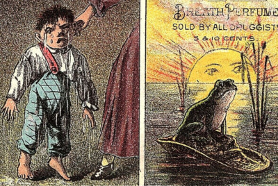 1880s Trix Breath Card Perfume Victorian Boy Frog Anthropomorphic Sun With Eyes